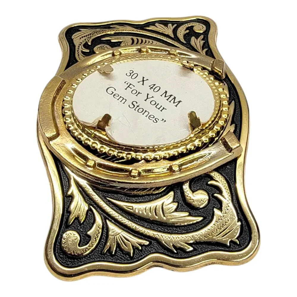 Western Horseshoe Belt Buckle Blank Floral Gold Black For 30x40mm Gemstone